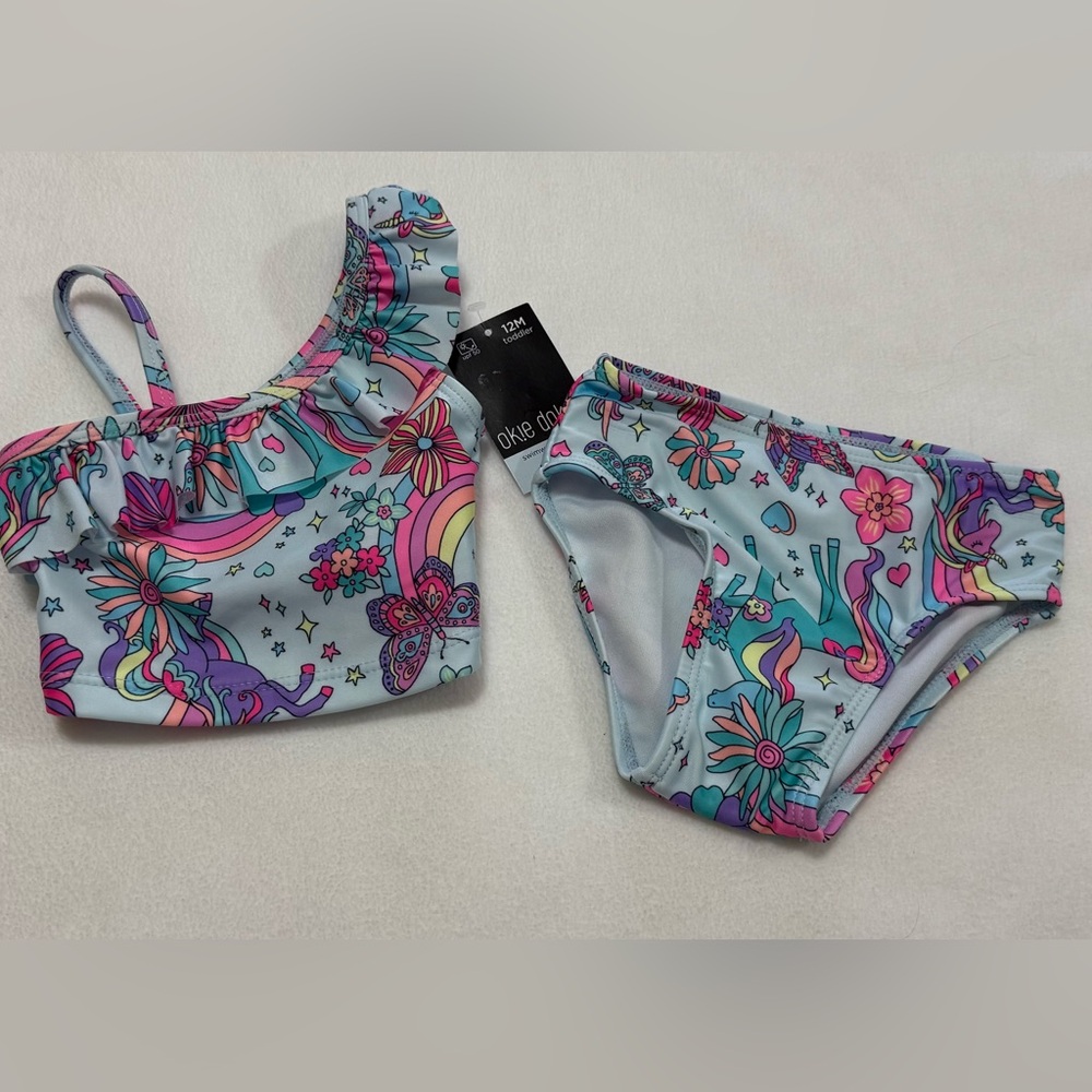 Infant Girl 12M Bikini Set With Rainbows Flowers Unicorns - NWT